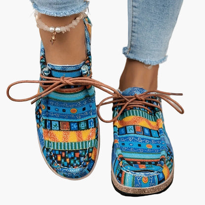 Women's Vintage Casual Shoes with Colorful Ethnic Pattern and Laces – Fashionable Penny Loafers for Everyday & Travel