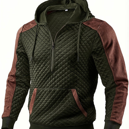 Men's quilted hoodie with half-zip and hood