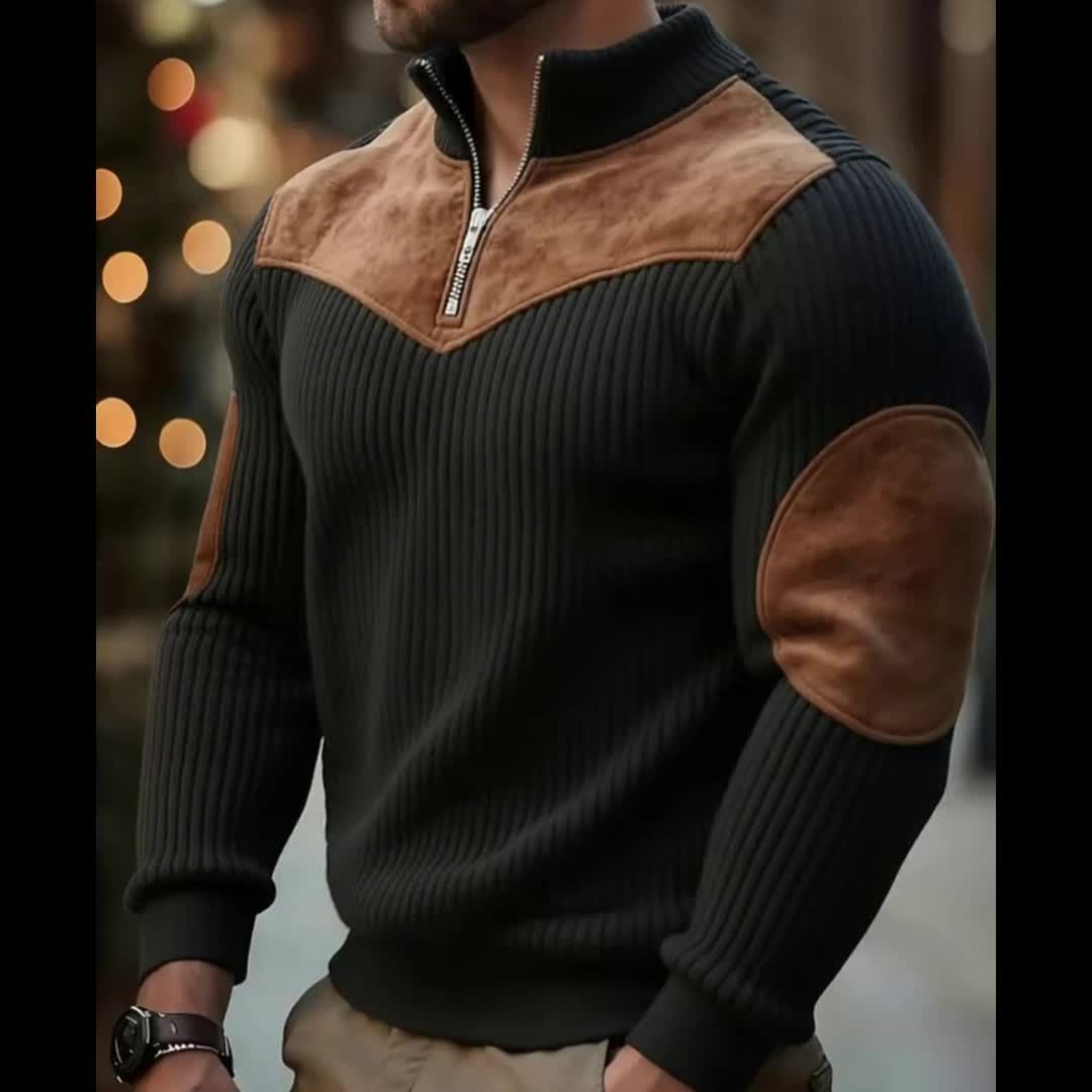 Ribbed men's quarter-zip sweater with suede-look patches