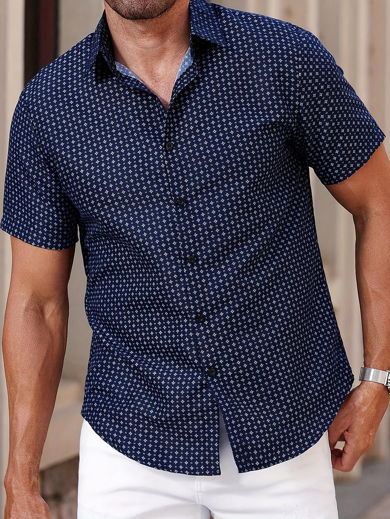 Men's Short-Sleeve Casual Shirt with Geometric Pattern – Modern Summer Shirt for Everyday and Leisure