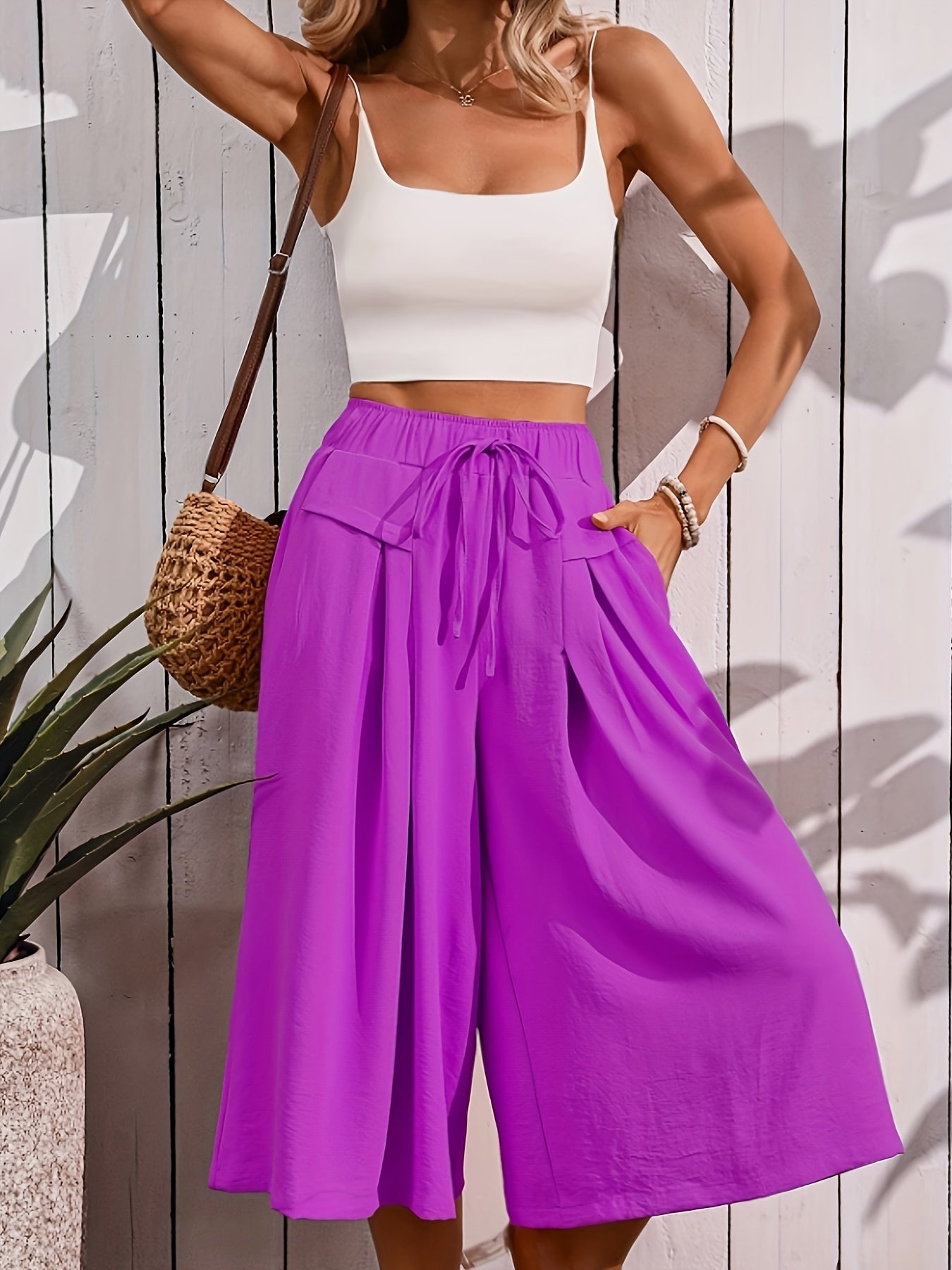 Women's Elegant Wide Summer Culotte Pants with Tie Belt – Fashionable Capri Pants for Leisure and Vacation