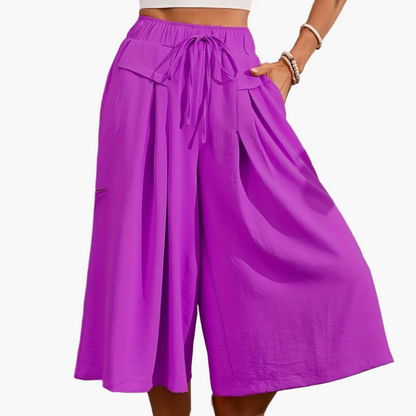 Women's Elegant Wide Summer Culotte Pants with Tie Belt – Fashionable Capri Pants for Leisure and Vacation