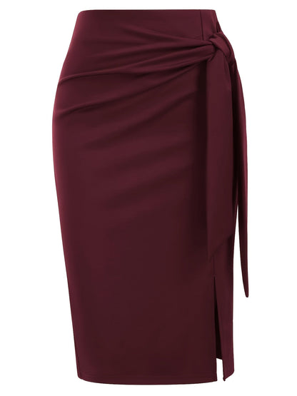 Women's Elegant Midi Skirt with Bow Detail and Slit – Perfect for Office & Festive Occasions
