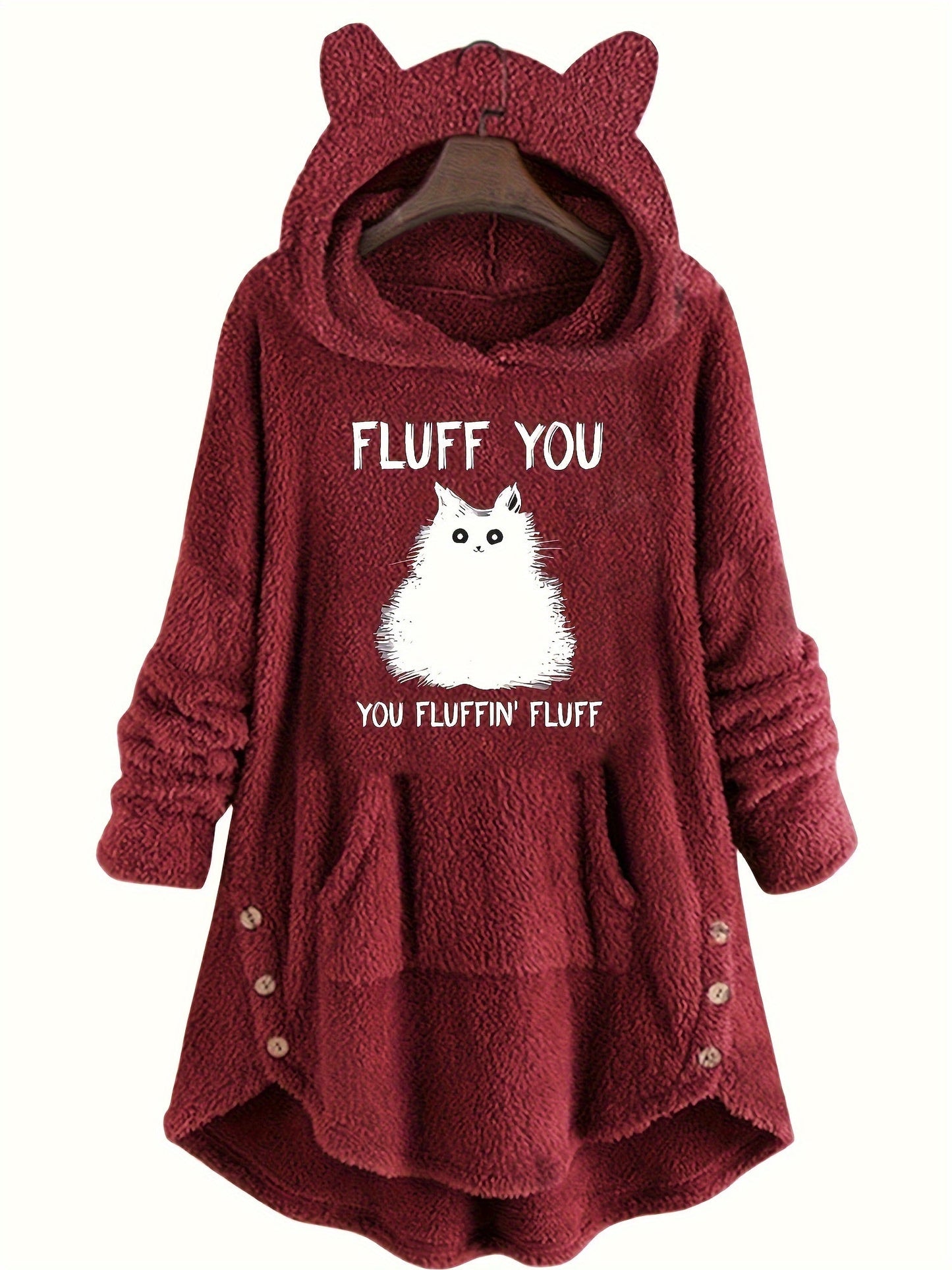 Women's plush hoodie with cat print and button placket