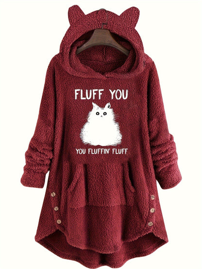 Women's plush hoodie with cat print and button placket