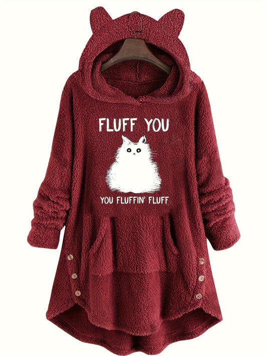 Damen Hoodie Plüsch mit Katzen-Print und Knopfleiste