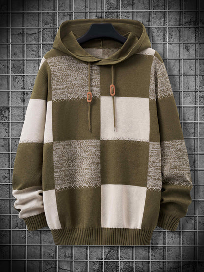 Herren Patchwork Hoodie mit Karomuster und Kapuze
