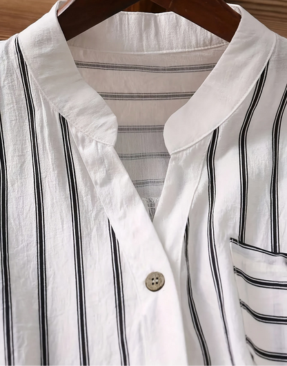 Women's short-sleeve blouse with stand-up collar and button placket – Casual stripes, summer tunic, office & leisure