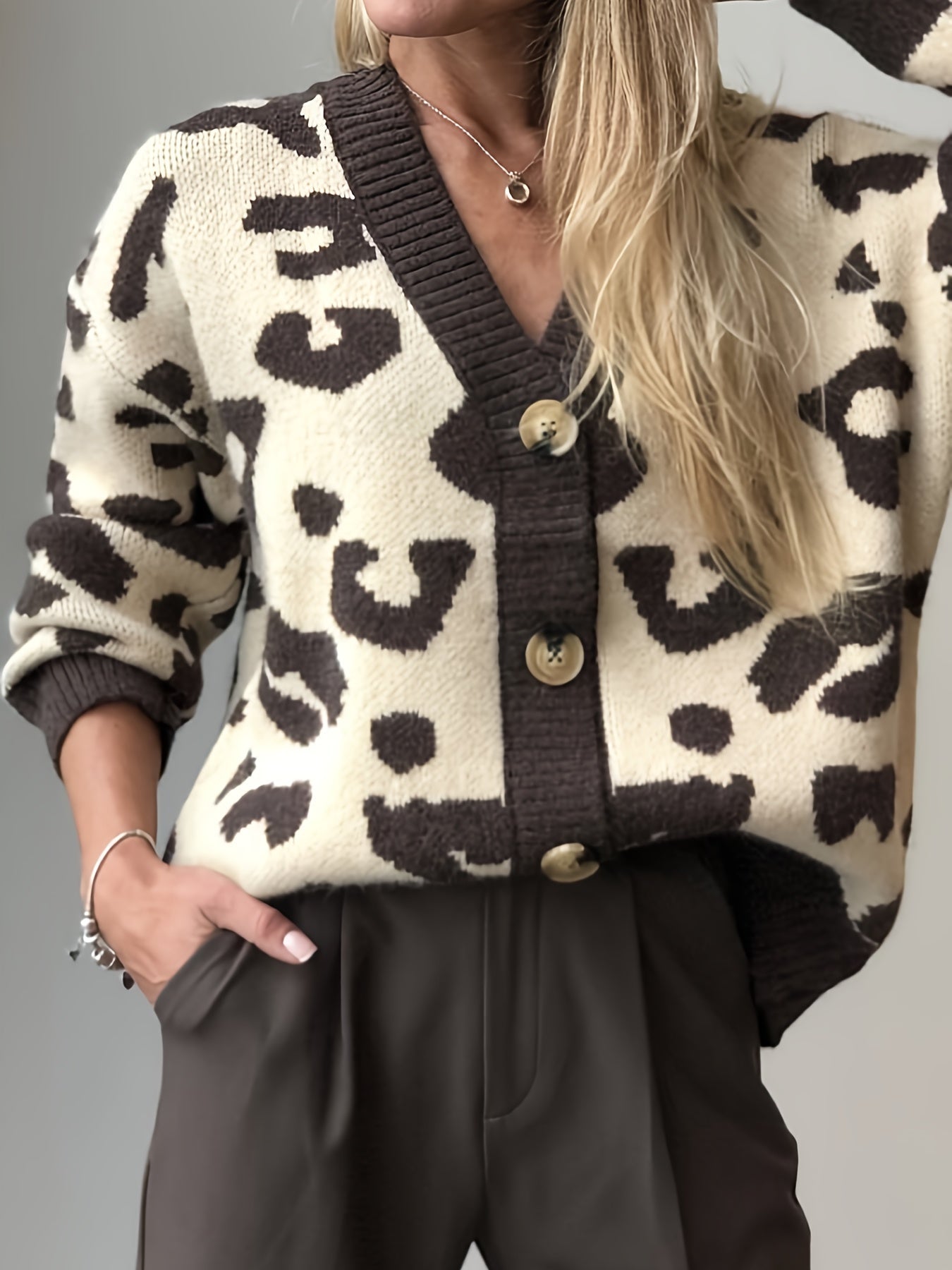 Damen Strickjacke mit Leopardenmuster V-Ausschnitt Knöpfen
