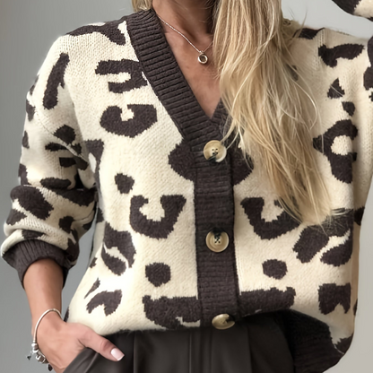 Damen Strickjacke mit Leopardenmuster V-Ausschnitt Knöpfen