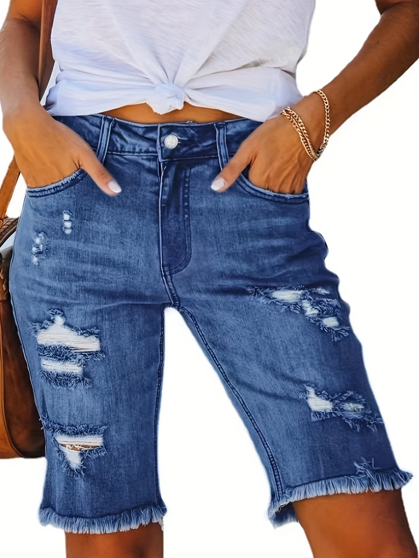 Women's Bermuda Denim Shorts in Used Look with Fringes – Casual Summer Fashion for Leisure and Everyday Wear