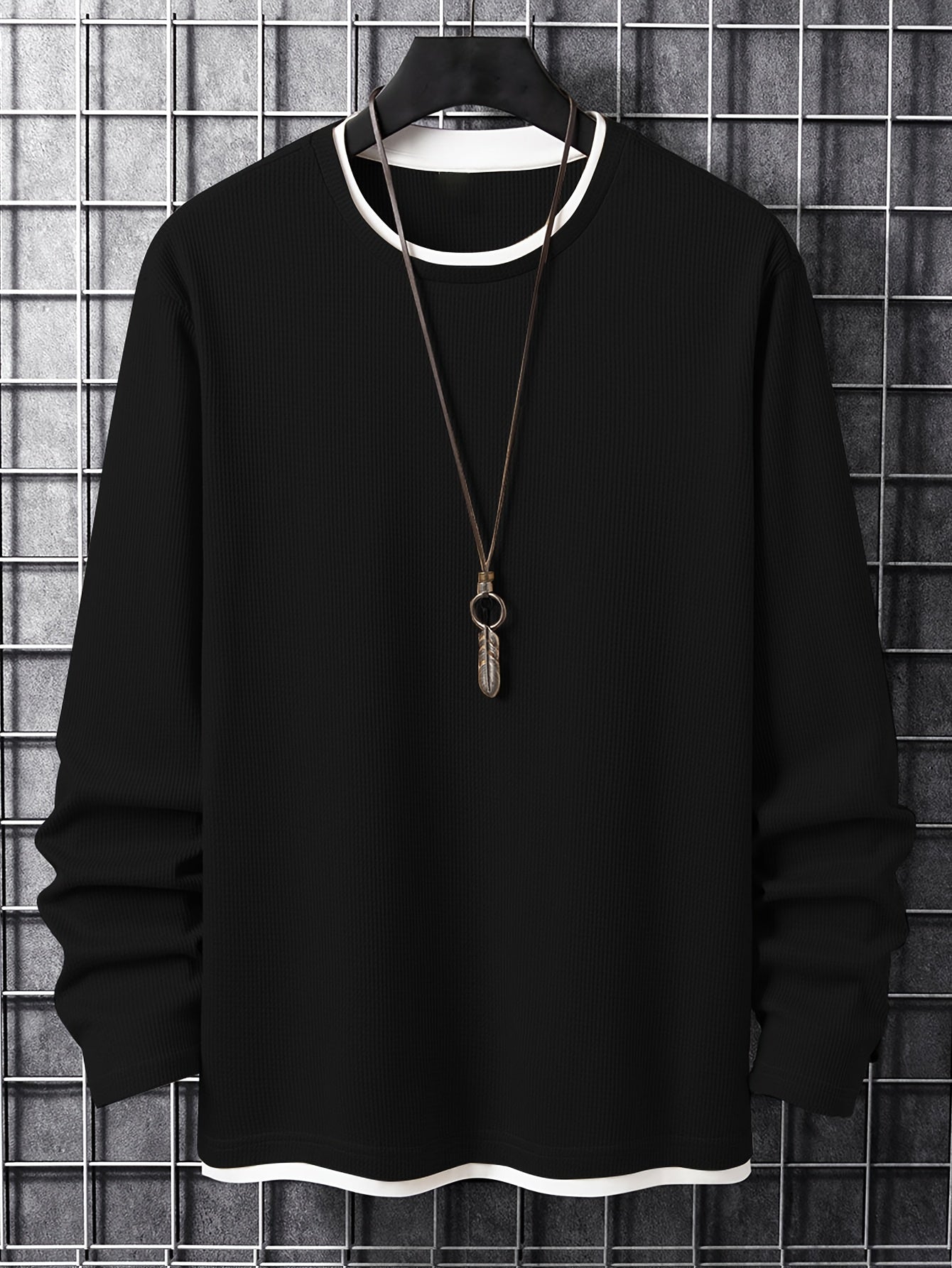 Herren Langarmshirt Waffelstrick Rundhals Weiß