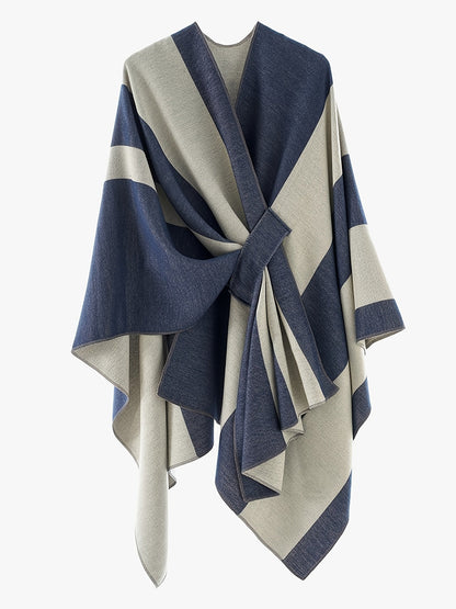 Damen Poncho Zweifarbig Gestreift Weicher Umhang mit V-Ausschnitt