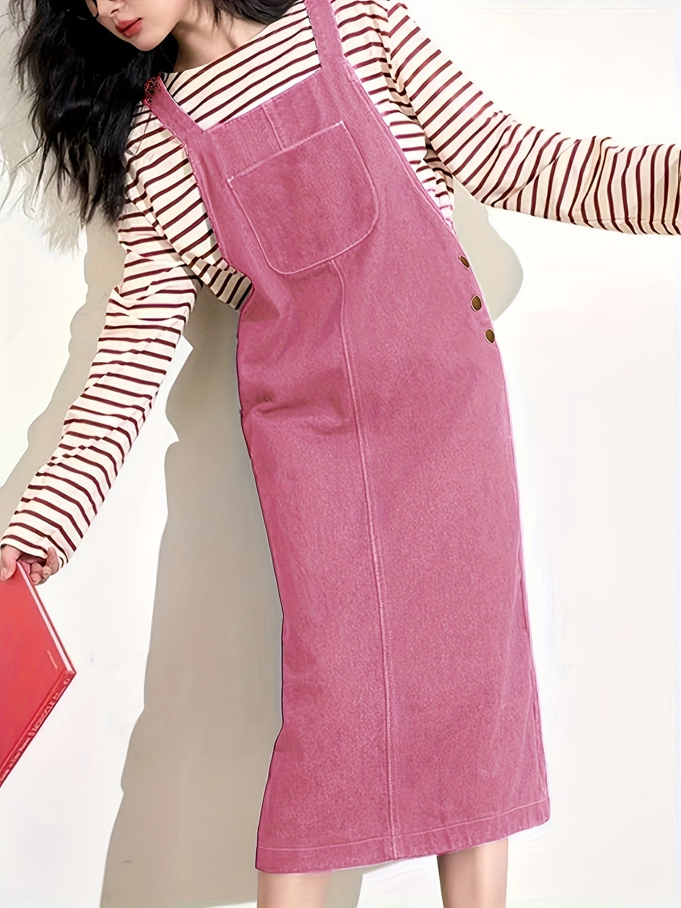 Women's Denim-Look Pinafore Midi Dress with Pocket – Fashionable Casual Dress for Everyday and City Wear