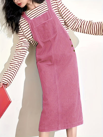 Women's Denim-Look Pinafore Midi Dress with Pocket – Fashionable Casual Dress for Everyday and City Wear