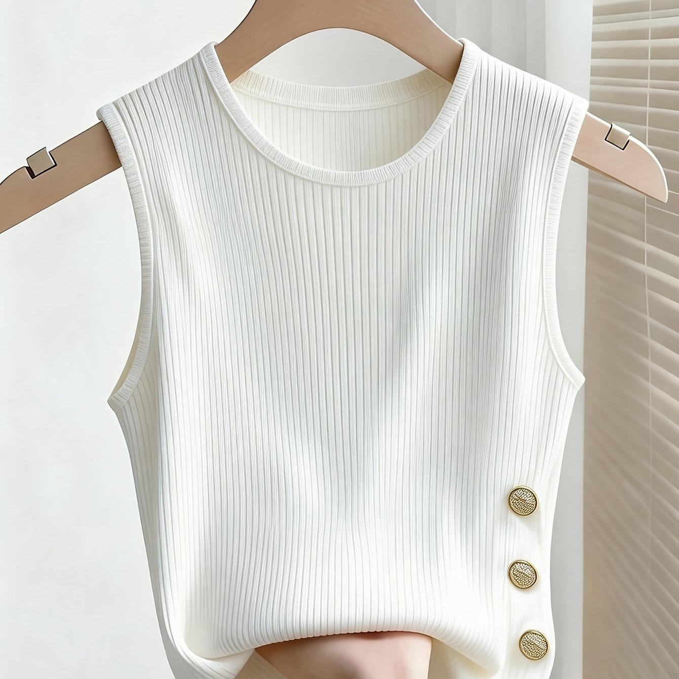 Damen Rippstrick Tanktop mit Knopfdetails – Eleganter Alltags- und Freizeit-Look