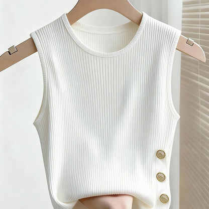 Damen Rippstrick Tanktop mit Knopfdetails – Eleganter Alltags- und Freizeit-Look