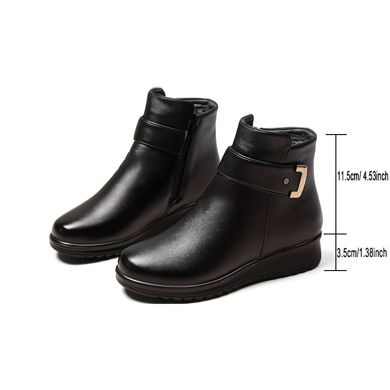 Women’s black winter ankle boots with warm lining and buckle