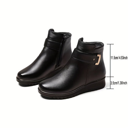 Women’s black winter ankle boots with warm lining and buckle
