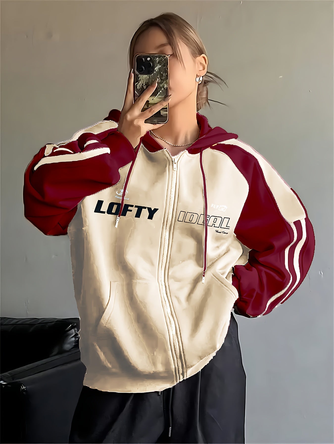 Unisex Kapuzenpullover mit Reißverschluss und Streifen-Design, Rot-Creme