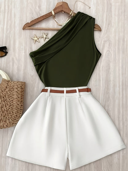 Women's One-Shoulder Elegant Summer Outfit Set – Stylish Shorts and Top for Leisure and Vacation
