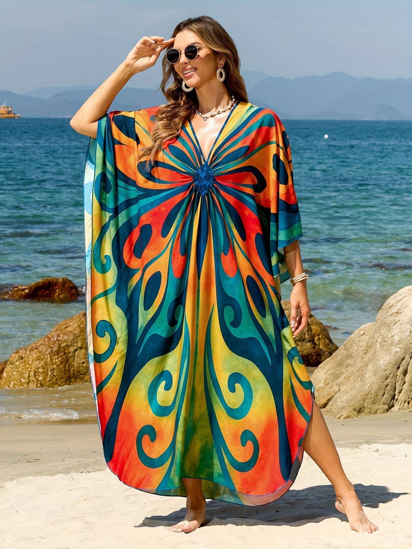 Women's Kaftan Maxi Dress – Boho Beach Tunic with Tie-Dye Pattern, Ideal as Summer Cover-Up