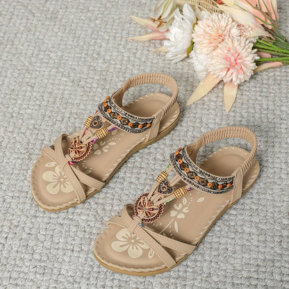 Women's Boho Sandals with Decorative Jewelry and Elastic Ankle Strap – Comfortable Summer Shoes for Casual Wear and Vacation