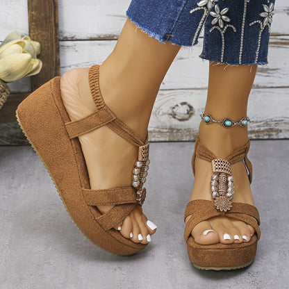 Women's Platform Sandals in Boho Style with Decorative Details – Vintage Summer Shoes for Everyday & Leisure