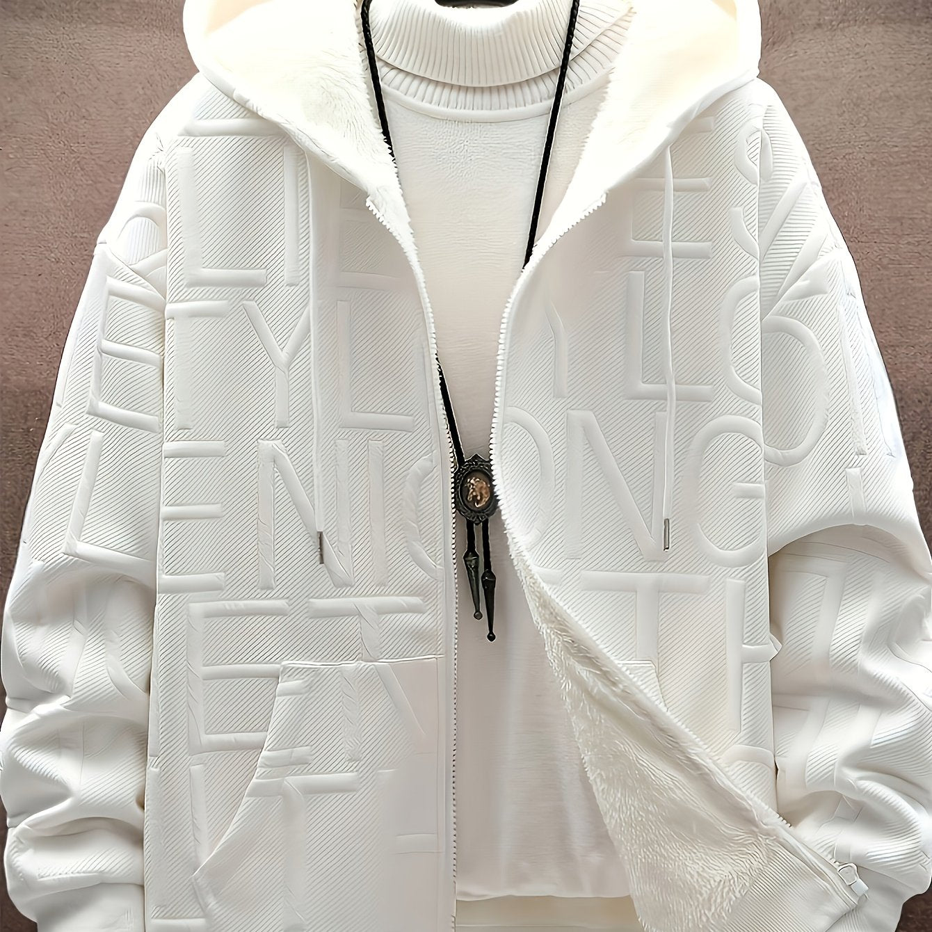 Unisex hooded jacket with fleece lining and raised lettering, zipper, kangaroo pockets, in black