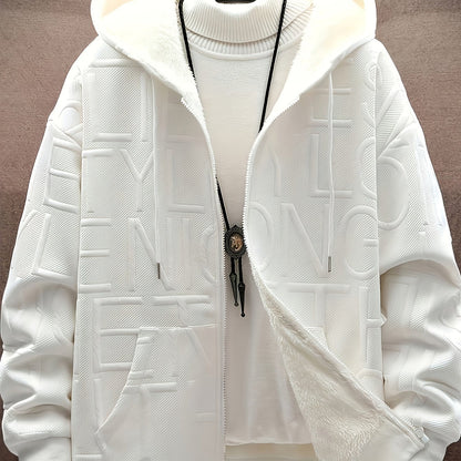 Unisex hooded jacket with fleece lining and raised lettering, zipper, kangaroo pockets, in black