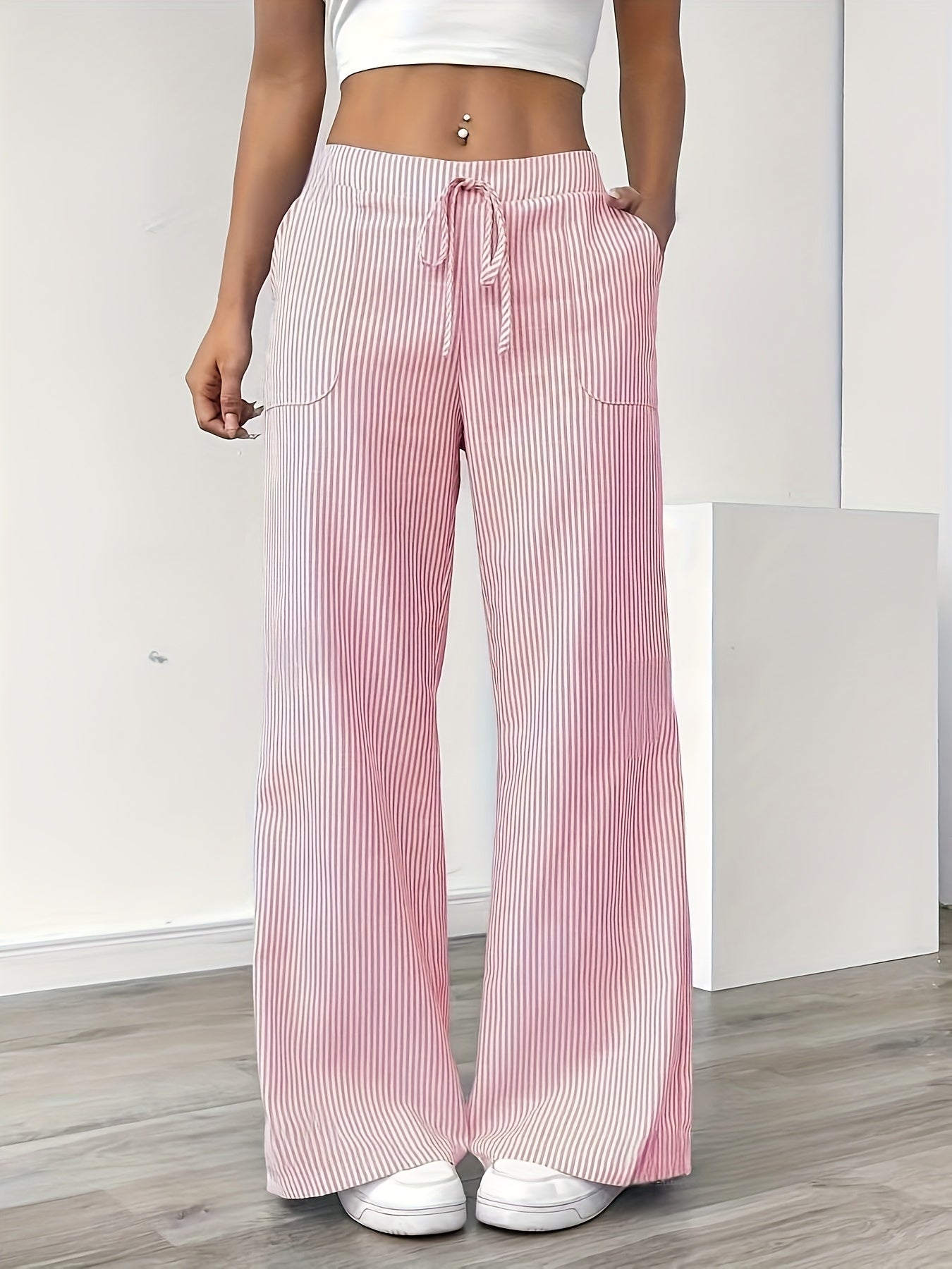Women's Wide-Leg Casual Pants with Stripes and Drawstring – Relaxed Streetwear for Everyday and Weekend
