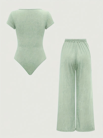 Women's One-Piece Set with Square Neck Bodysuit and Wide Pants, Casual & Everyday