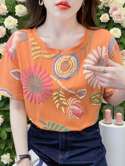 Women's Boho-Style Embroidered T-Shirt – Short Sleeve, Summer, Casual, Fashionable