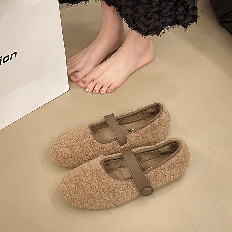 Women's Mary Jane plush-look ballet flats with strap – black, khaki, brown