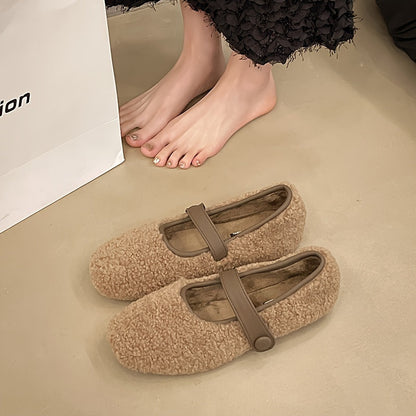 Women's Mary Jane plush-look ballet flats with strap – black, khaki, brown