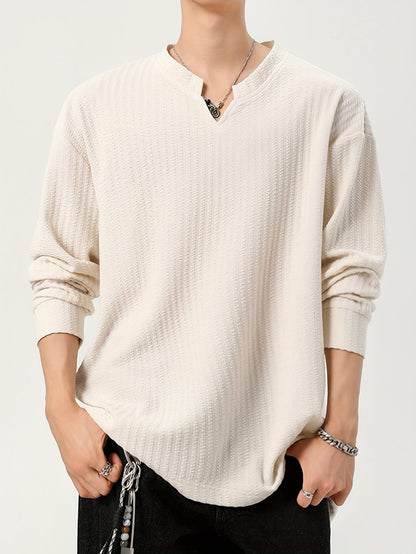 Men's long-sleeve shirt, Henley neckline, textured, light beige