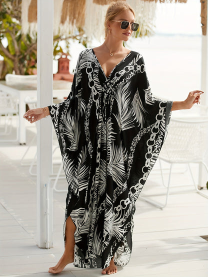 Women's Kaftan Maxi Dress with Tropical Palm Print and Chain Pattern – Perfect Beach and Resort Outfit