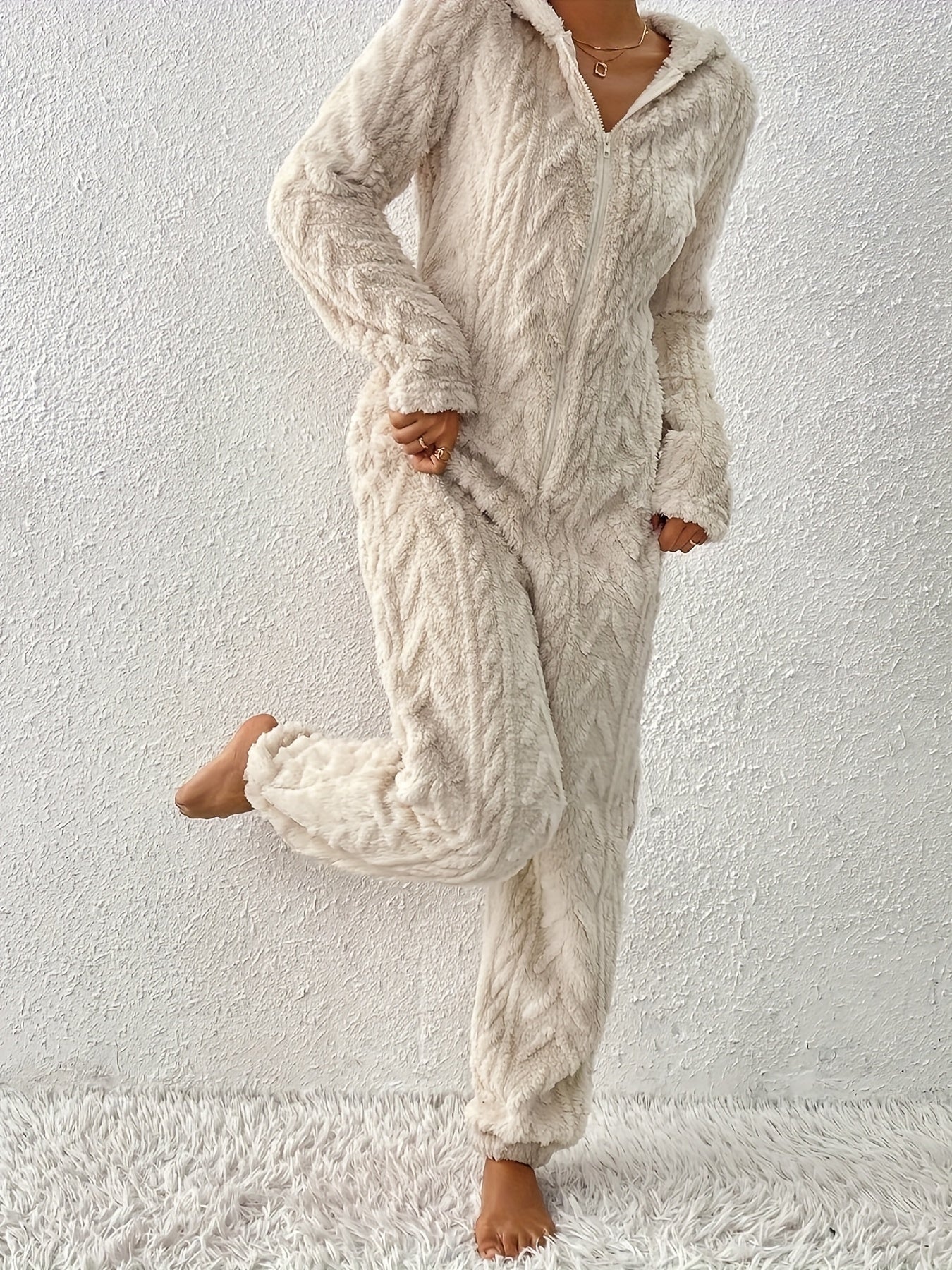 Women's fluffy hooded onesie with ears, light beige