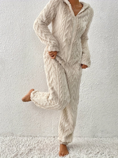 Women's fluffy hooded onesie with ears, light beige