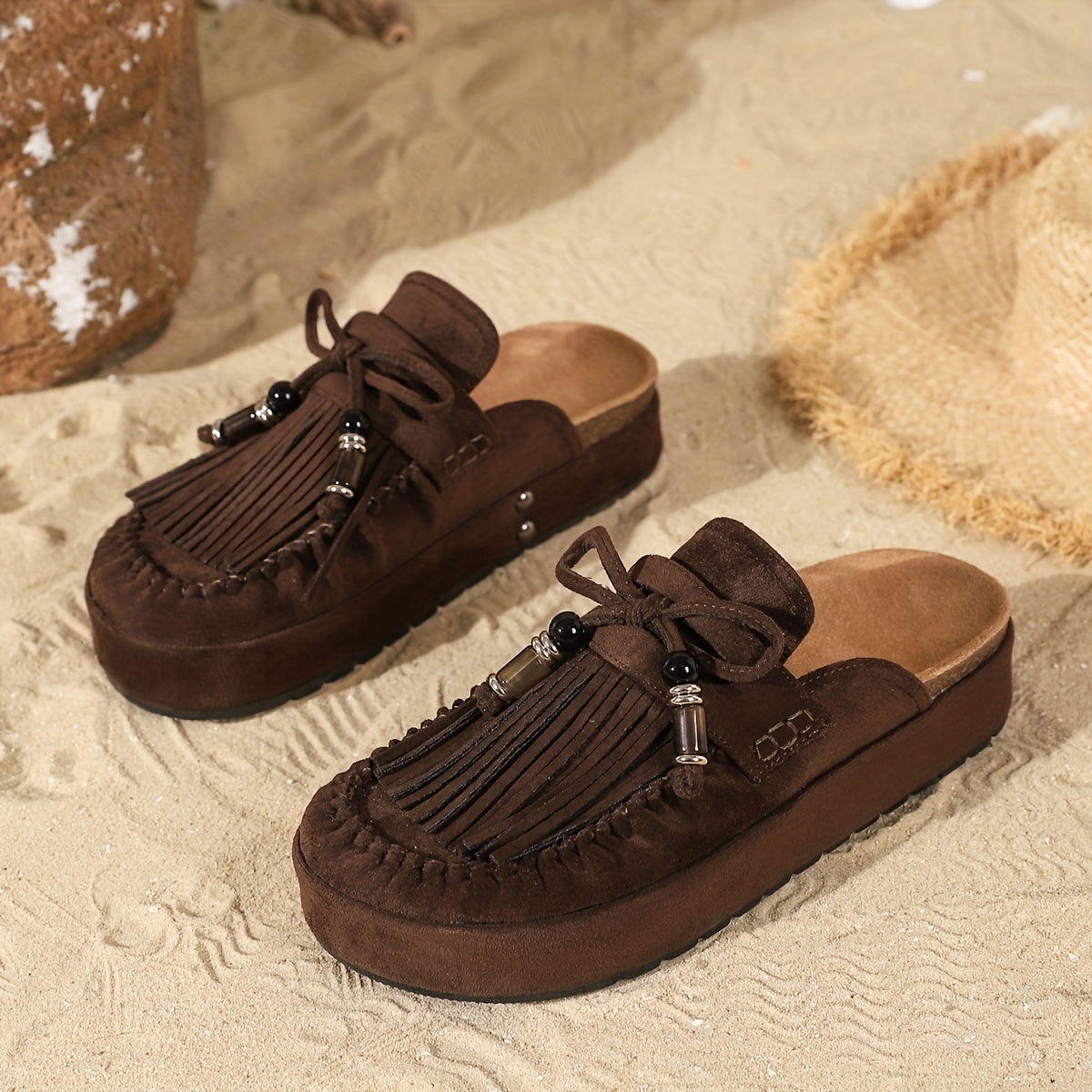 Women's Vintage Moccasin Sandals with Fringe and Beads for Summer