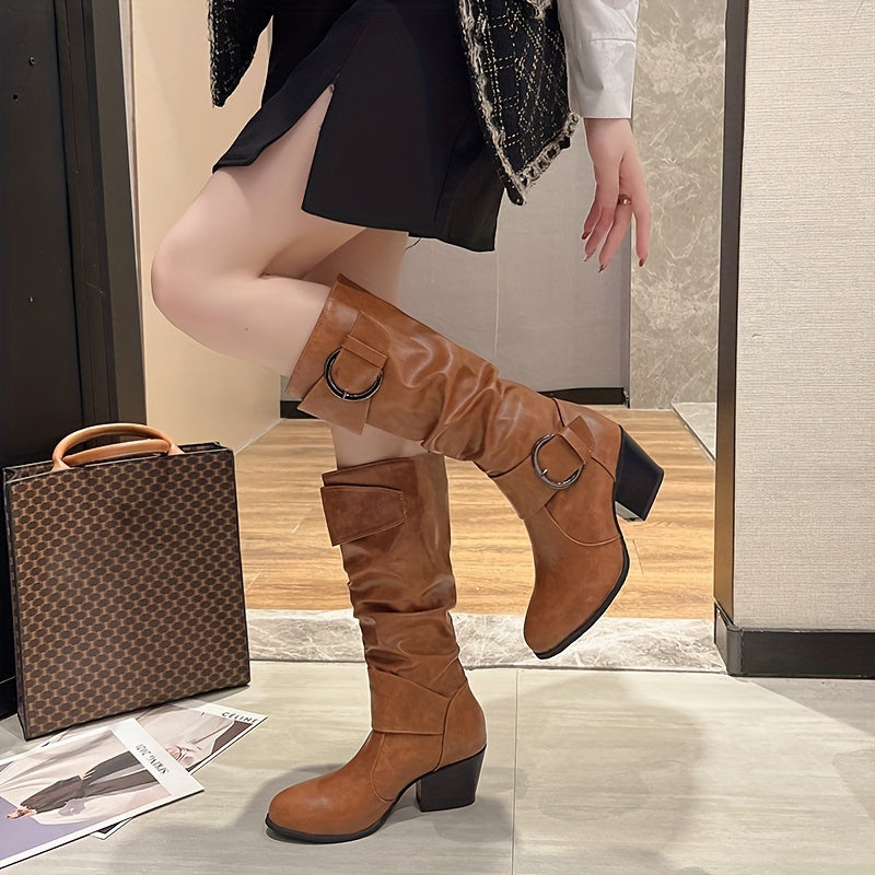 Damen Stiefel mit Schnallen und Falten-Schaft, Blockabsatz – Schwarz, Braun, Karamell