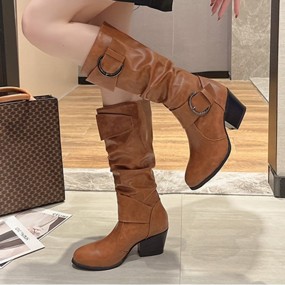 Damen Stiefel mit Schnallen und Falten-Schaft, Blockabsatz – Schwarz, Braun, Karamell