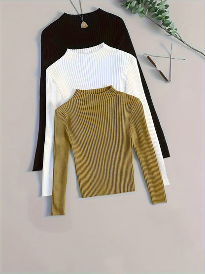 Gerippter Langarm-Pullover mit Stehkragen für Damen, einfarbig