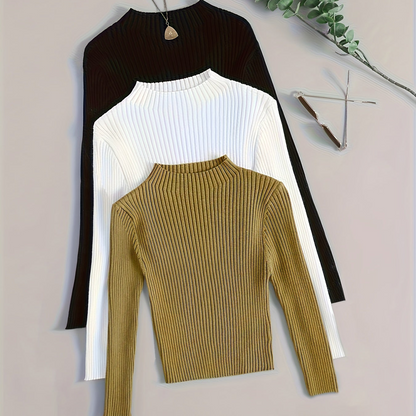 Gerippter Langarm-Pullover mit Stehkragen für Damen, einfarbig