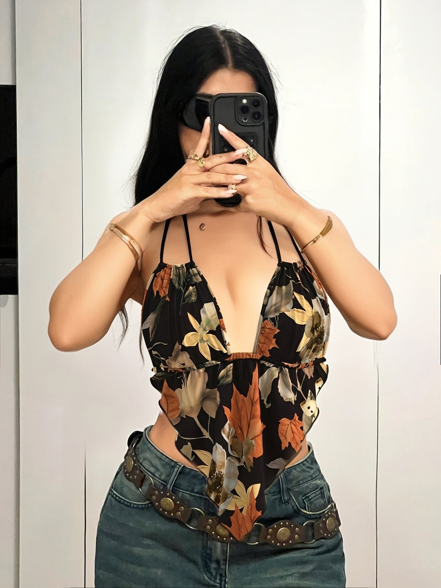 Women's bodysuit with retro print and deep neckline – Elegant one-piece for festival & leisure