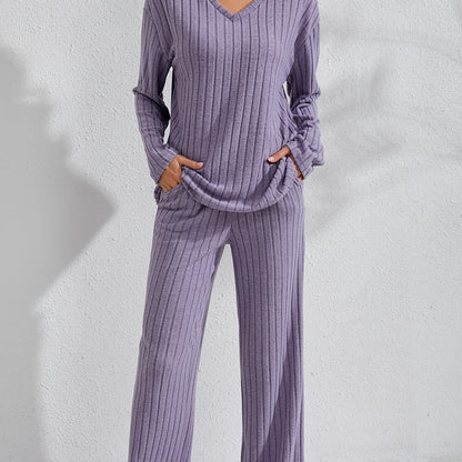 Women's rib-knit lounge set with V-neck long-sleeve top and wide-leg pants