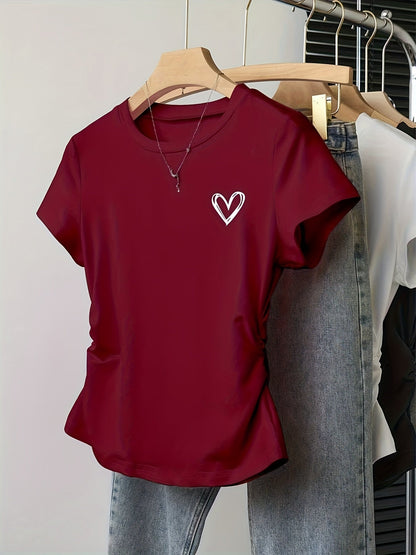 Women's T-shirt with Heart Print – Fashionable Summer Top, Fitted, Short Sleeve, Casual & Leisure Look