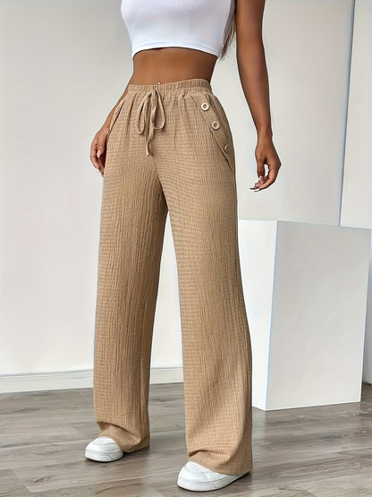 Women's Straight Leg Casual Pants with Button Details and Drawstring – Ideal for Everyday and Leisure