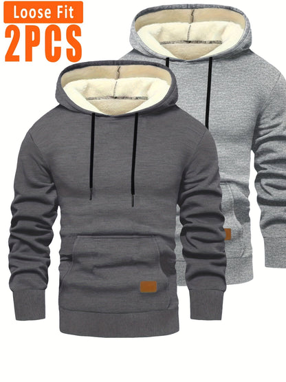 2-pack of men’s hooded sweatshirts, fleece-lined, with kangaroo pockets and drawstrings, black & dark gray