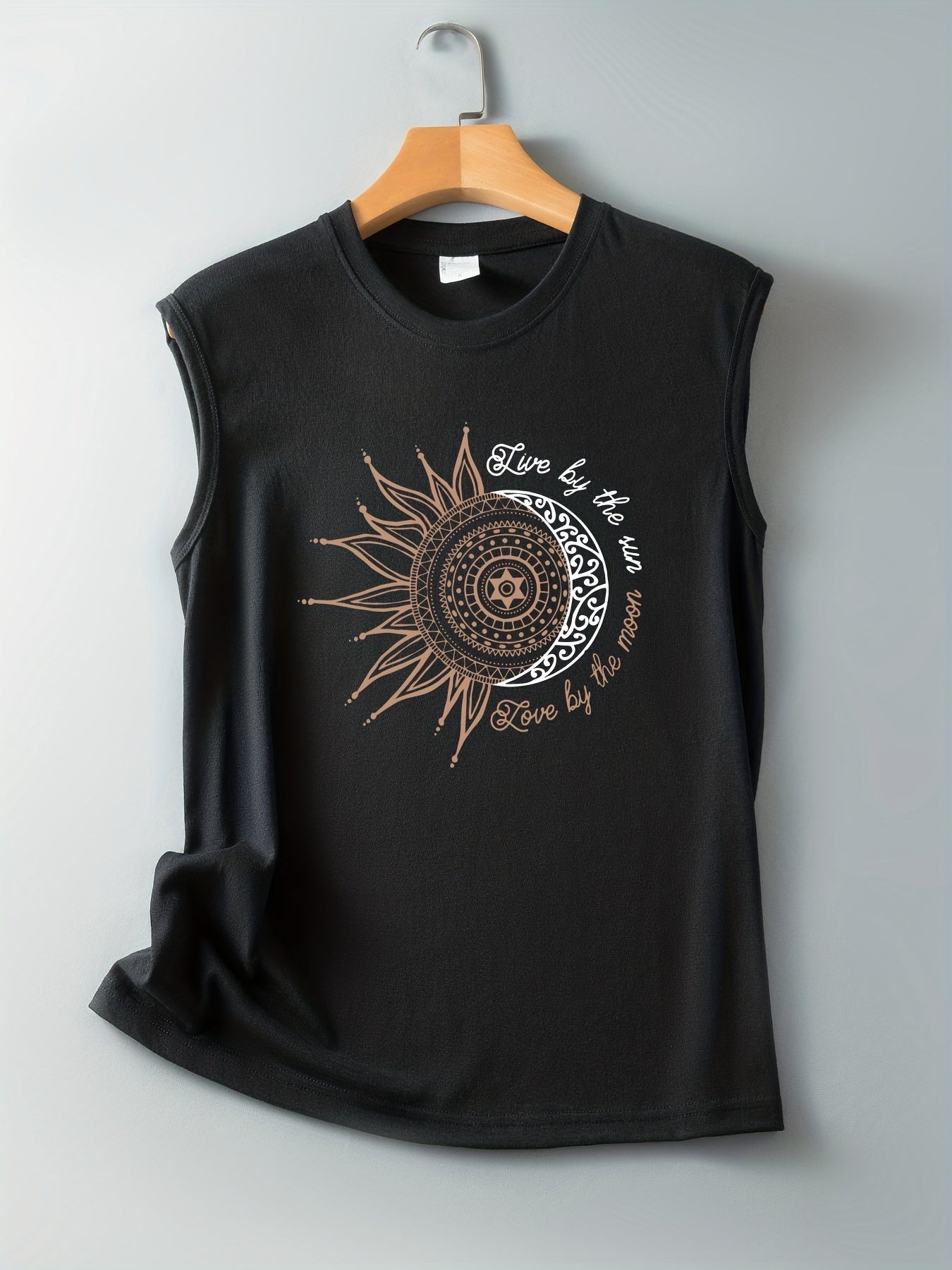 Women's Boho-Style Tank Top with Sun and Moon Print – Summer Casual Shirt
